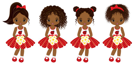 Vector cute little African American girls with various hairstyles. Vector little girls in polka dot dresses. African American little girls vector illustration.のイラスト素材