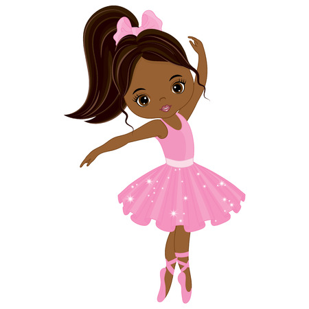 Vector cute little African American ballerina dancing. Vector ballerina girl in pink tutu dress. African American ballerina vector illustrationのイラスト素材