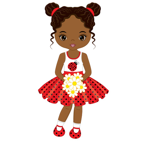 Vector cute little African American girl with flowers . Vector little girl in polka dot dress. African American little girl vector illustrationのイラスト素材