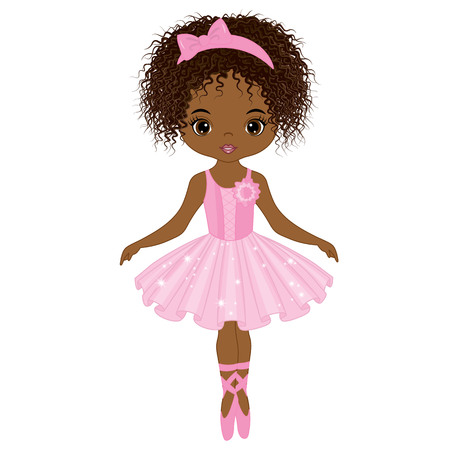 Vector cute little African American ballerina dancing. Vector ballerina girl in pink tutu dress. African American ballerina vector illustrationのイラスト素材