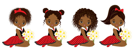 Vector cute little African American girls with various hairstyles. Vector little girls in polka dot dresses. African American little girls vector illustration.のイラスト素材