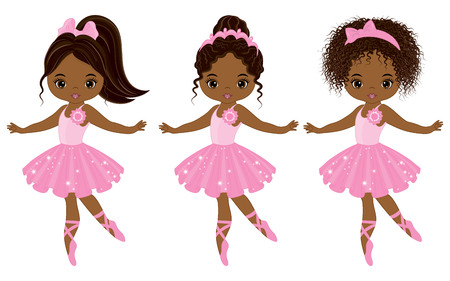 Vector cute little African American ballerinas with various hairstyles. Vector ballerinas in pink tutu dresses. African American ballerinas vector illustrationのイラスト素材