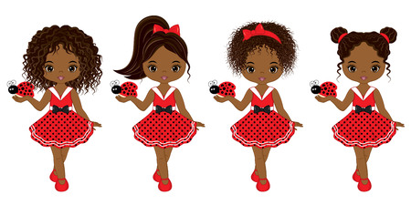 Vector cute little African American girls with various hairstyles. Vector little girls in polka dot dresses and ladybugs. African American little girls and ladybugs vector illustration.のイラスト素材