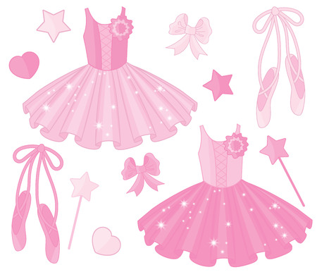 Vector set with ballet shoes and tutu dresses. Vector ballerinas tutu dresses and pointe shoes.  Ballet dresses and shoes vector illustrationのイラスト素材