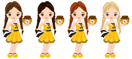 Vector cute little girls with various hair colors. Little girls dressed in bee style. Little girls vector illustrationのイラスト素材