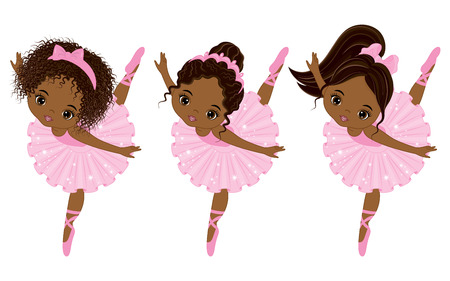 Vector cute little African American ballerinas with various hairstyles. Vector ballerinas in pink tutu dresses. African American ballerinas vector illustrationのイラスト素材