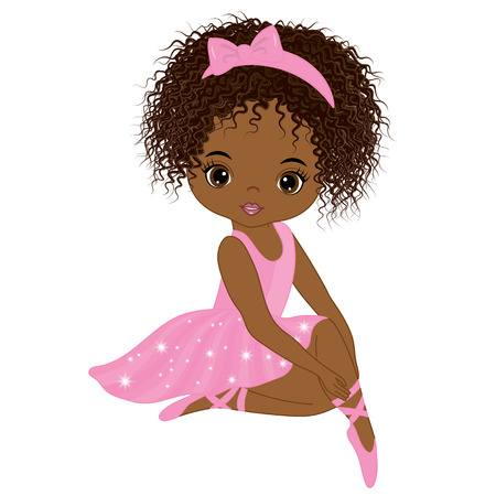Vector cute little African American ballerina in pink tutu dress. Vector ballerina girl. African American ballerina vector illustrationのイラスト素材
