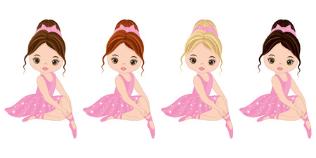Vector cute little ballerinas with various hair colors. Vector ballerinas in pink tutu dresses. Ballerinas vector illustrationのイラスト素材