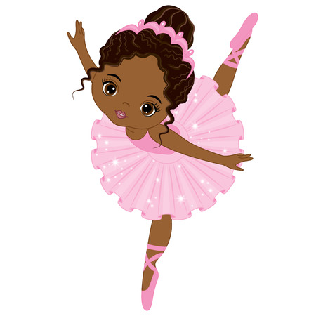 Vector cute little African American ballerina dancing. Vector ballerina girl in pink tutu dress. African American ballerina vector illustration