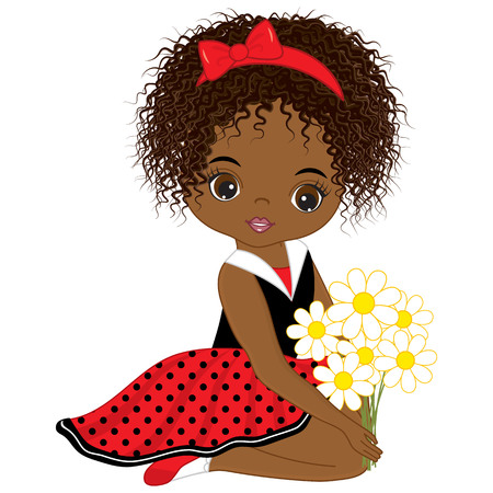 Vector cute little African American girl with flowers. Vector little girl in polka dot dress and red bow. African American little girl vector illustrationのイラスト素材