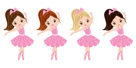 Vector cute little ballerinas with various hair colors. Vector ballerinas in pink tutu dresses. Ballerinas vector illustrationのイラスト素材