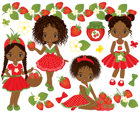 Vector set with cute little African American girls and strawberries. Vector strawberry girl. African American girls vector illustrationのイラスト素材