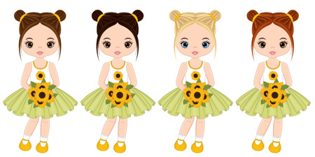 Vector cute little girls with various hair colors. Vector little girls with sunflower bouquets.  Little girls vector illustrationのイラスト素材