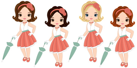 Vector cute little girls with various hair colors in retro style. Pin-up little girls vector illustration.のイラスト素材