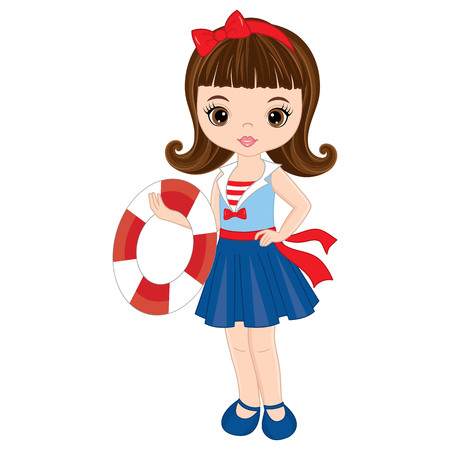 Vector cute little girl with buoy. Vector nautical girl. Little girl vector illustrationのイラスト素材