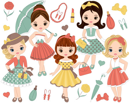 Vector set with cute little girls in retro style and fashion accessories. Pin-up little girls vector illustration.のイラスト素材