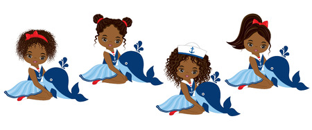 Vector cute little African American girls with various hairstyles. Vector nautical girls with baby whales. African American girls vector illustrationのイラスト素材