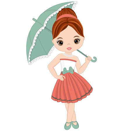 Vector cute little girl in retro style. Pin-up little girl vector illustrationのイラスト素材
