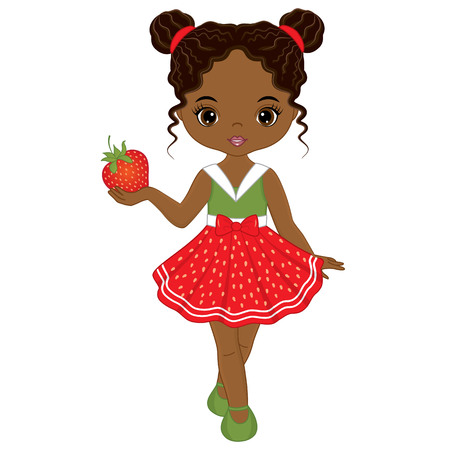 Vector cute little African American girl with strawberry. Vector strawberry girl. African American girl vector illustrationのイラスト素材