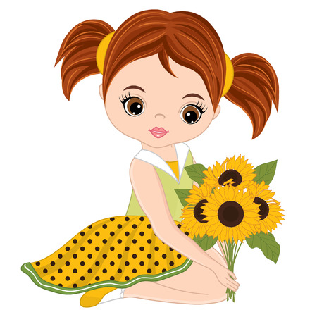 Vector cute little girl with sunflowers . Vector little girl in polka dot dress. Little girl vector illustrationのイラスト素材