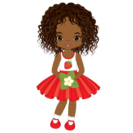 Vector cute little African American girl with flower of strawberry. Vector strawberry girl. African American girl vector illustrationのイラスト素材