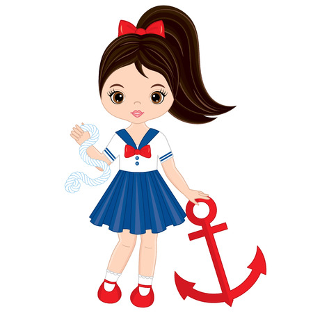 Vector cute little with anchor. Vector nautical girl. Little girl vector illustrationのイラスト素材