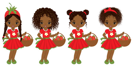 Vector cute little African American girls  with various hairstyles. Vector strawberry girls. African American girls vector illustrationのイラスト素材
