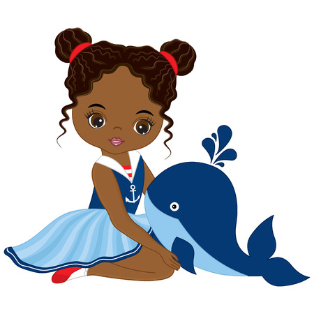 Vector cute little African American girl with baby whale. Vector nautical girl. African American girl vector illustrationのイラスト素材