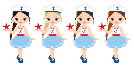 Vector cute little girls with various hair colors. Vector nautical girls with starfish. Little girls vector illustrationのイラスト素材