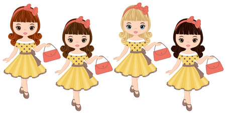 Vector cute little girls with various hair colors in retro style. Pin-up little girls vector illustrationのイラスト素材