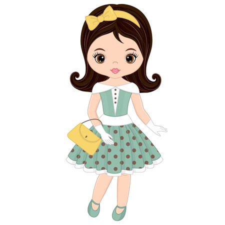 Vector cute little girl in retro style. Pin-up little girl vector illustrationのイラスト素材