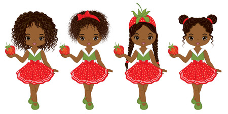 Vector cute little African American girls  with various hairstyles. Vector strawberry girls. African American girls vector illustrationのイラスト素材