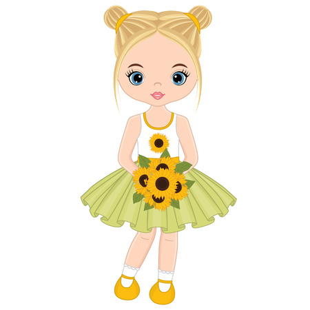 Vector cute little girl with bouquet of sunflowers. Little girl vector illustration.のイラスト素材