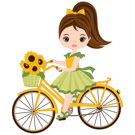 Vector cute little girl riding a bicycle. Vector bicycle with basket of sunflowers. Little girl vector illustration.のイラスト素材
