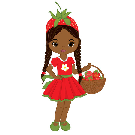 Vector cute little African American girl with basket of strawberries. Vector strawberry girl. African American girl vector illustrationのイラスト素材