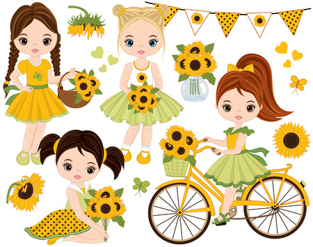 Vector set with cute little girls, bicycle with basket, sunflowers, bunting and butterflies. Little girl vector illustrationのイラスト素材