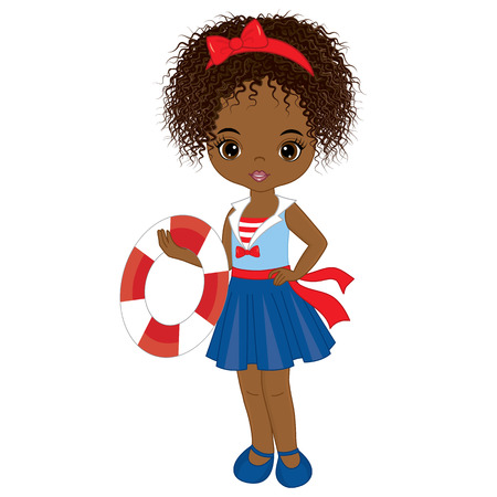 Vector cute little African American girl with buoy. Vector nautical girl. African American girl vector illustrationのイラスト素材