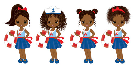 Vector cute little African American girls with various hairstyles. Vector nautical girls with buoys. African American girls vector illustrationのイラスト素材