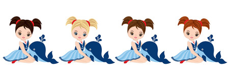 Vector cute little girls with various hair colors. Vector nautical girls with baby whales. Little girls vector illustrationのイラスト素材