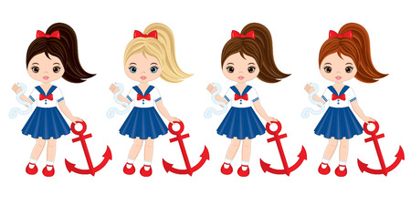 Vector cute little girls with various hair colors. Vector nautical girls with anchors. Little girls vector illustrationのイラスト素材