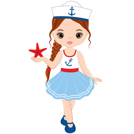 Vector cute little girl with starfish. Vector nautical girl. Little girl vector illustrationのイラスト素材