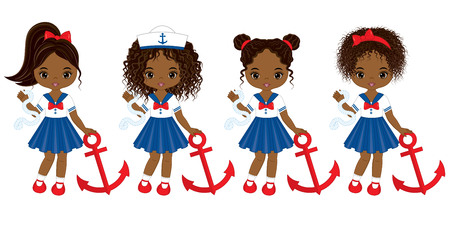 Vector cute little African American girls with various hairstyles. Vector nautical girls with anchors. African American little girls vector illustrationのイラスト素材
