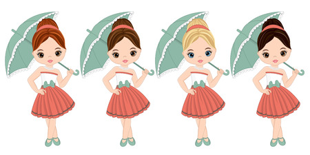 Vector cute little girls with various hair colors in retro style. Pin-up little girls vector illustrationのイラスト素材