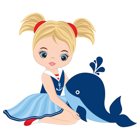 Vector cute little girl with baby whale. Vector nautical girl. Little girl vector illustrationのイラスト素材