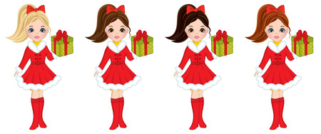 Vector beautiful young girls with various hair colors. Vector girls with Christmas gifts. Christmas girls vector illustrationのイラスト素材
