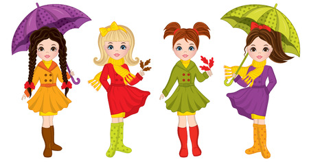 Vector beautiful young girls with various hairstyles. Vector cute girls with umbrellas and oak leaves. Autumn girls vector illustrationのイラスト素材