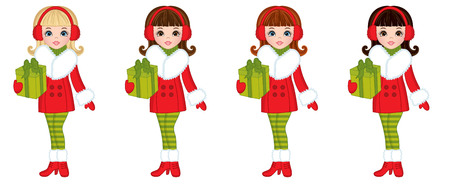 Vector beautiful young girl in red coat and hat with Christmas gift. Christmas girl vector illustrationのイラスト素材