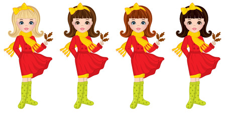 Vector beautiful young girls with various hair colors. Vector cute girls with oak leaves. Autumn girls vector illustrationのイラスト素材