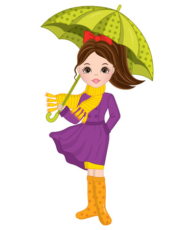 Vector beautiful young girl with umbrella.  Autumn girl vector illustrationのイラスト素材