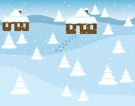 Vector winter landscape with houses and winter trees on background. Vector winter landscapeのイラスト素材